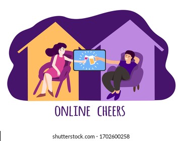 People in virtual date, alcohol party on self isolation in coronavirus pandemic. Online cheers. Man and woman chat in covid-19 epidemic quarantine in houses, relax and enjoy alhoholic drinks. Vector