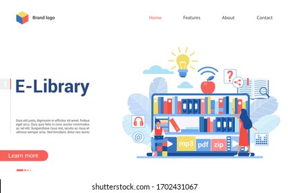 People in virtual e-library website landing page template layout flat vector illustration. Digital bookshelves, online reading, book store, literature university concept.
