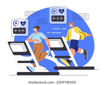 People with virtual fitness concept. Man and woman in virtual reality glasses at treadmill. Active lifestyle and sports, training in gym. Metaverse and cyberspace. Cartoon flat vector illustration