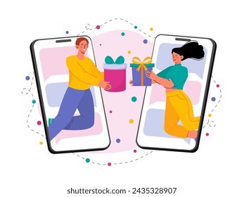 People with virtual gifts. Man and woman with boxes at smartphone screen. Remote friends. Party and event, annual holiday. Cartoon flat vector illustration isolated on white background