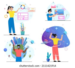 People in virtual reality. Education, gaming in augmented in vr, digital 3d glasses. Metaverse, virtual world concept. Simulation of space, planet, diagrams. Cartoon style. Vector illustration