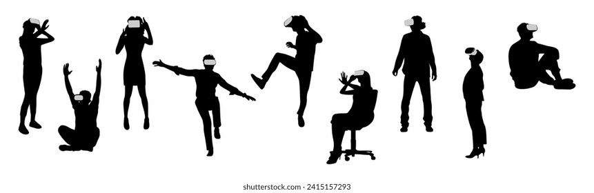 People in virtual reality headset Silhouettes set.
