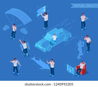 People in virtual reality. Man in headset, vr simulation equipment. 3d isometric vector characters virtual training