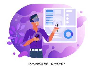 Personas en la ilustración virtual del vector de realidad. Caricatura de jugador de hombre plano en vr lentes auriculares y dispositivos digitales jugar juego, tienen una nueva experiencia real. Tecnología futurista aislada en blanco