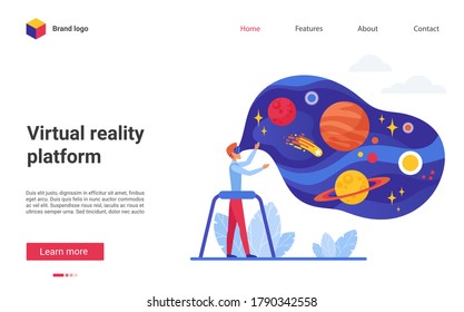 People in virtual reality vector illustration. Modern concept banner, website design with cartoon flat man character in vr augmented glasses headset, virtual reality for education and games concept