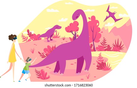 People in virtual reality VR glasses travel in time to see living dinosaurs, vector illustration. Holographic entertainment project for children, futuristic technologies. Prehistoric extinct animals