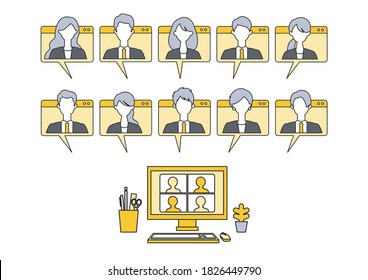 People in virtual window frames. Vector illustration of people having communication via telecommuting system. Flat design vector illustration of teleworking people.