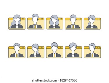 People in virtual window frames. Vector illustration of people having communication via telecommuting system. Flat design vector illustration of teleworking people.