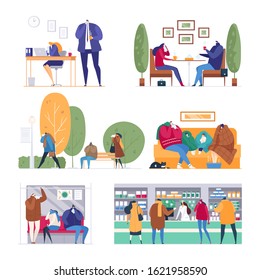 People virus flu season vector illustration isolated collection set. Ill family treating at home on couch. Sick flu colds people in office, on street,  public transport, cafe,  pharmacy buy medicine.