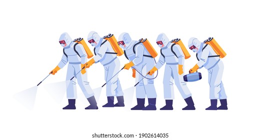 People in virus protective suits and mask disinfecting buildings of coronavirus with the sprayer. Home disinfection by cleaning service. Cartoon flat style illustration isolated on a white background.