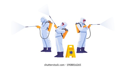 People in virus protective suits and mask disinfecting buildings of coronavirus with the sprayer. Home disinfection by cleaning service. Cartoon flat style illustration isolated on a white background.