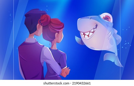 People visit aquarium, young couple rear view hugging stand at glass wall with funny shark swimming in blue water. Characters in oceanarium watching sea and ocean animals, Cartoon vector