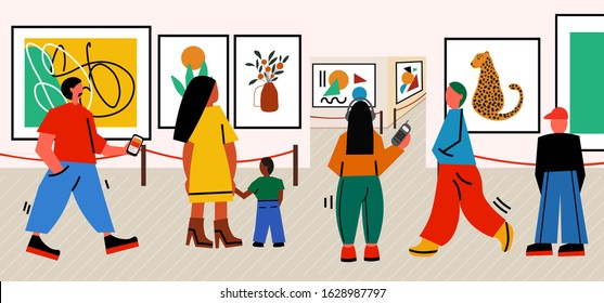 People visit art gallery. Croud of men and women in museum. Tourists doing sightseeing in the city . Contemporary art exhibition. Ftat cartoon characters. Vector illustration