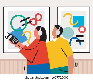 People Visit Art Gallery. Crowd Of Men And Women In Museum. Tourists At The Sightseeing In The City . Contemporary Art Exhibition. Ftat Cartoon Characters. Vector Illustration