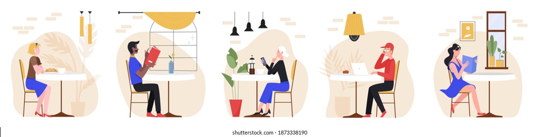 People visit cafe vector illustration set. Cartoon woman man visitor characters drinking drinks during business coffee break, breakfast or lunch, reading menu in cafeteria interior isolated on white