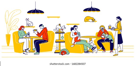 People Visit Cat Cafe. Male and Female Characters Sitting at Tables Drinking Beverages with Kittens Playing and Relaxing around. New Type of Hospitality Business Cozy Place. Linear Vector Illustration