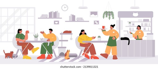 People visit cat cafe, male and female characters sitting at tables drinking beverages with kittens playing and relaxing around. Pets friendly hospitality, cozy place Line art vector illustration