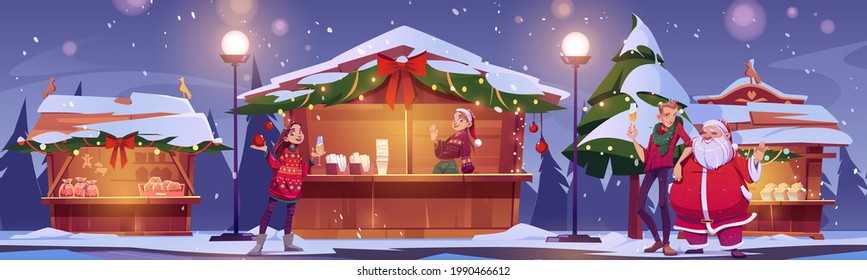 People visit Christmas market with Santa Claus. Happy characters buying gifts on winter fair with wooden booths decorated with fir-tree branches and lighting garlands. Cartoon vector illustration