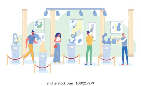 People Visit Contemporary Art Exhibition at Museum. Modern Artwork Gallery Showpiece. Young and Senior Man and Woman Visitor Looking at Painting on Wall and Sculpture Exhibit. Vector Illustration