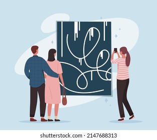 People visit contemporary art gallery concept. Young men and women looking at beautiful creative paintings or museum exhibits. Hobby or entertainment. Cartoon modern flat vector illustration