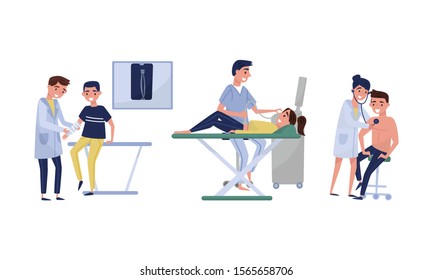 People Visit Different Doctors And Have Regular Examinations Vector Illustration Set Isolated On White Background