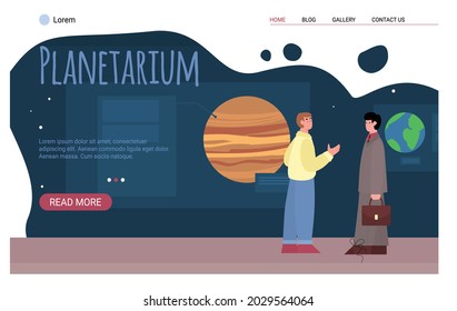 People visit at planetarium for look space objects, stars and solar system planets. Education excursion of astronomy and universe science. Vector illustration. Design for web.