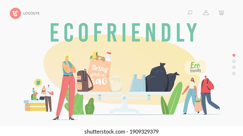 People Visit Shop With Reusable Eco Bags And Packaging Landing Page Template. Characters Use Ecological Packing For Shopping In Store. Environment Protection, Purchase. Cartoon Vector Illustration