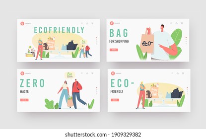 People Visit Shop with Reusable Eco Bags and Packaging Landing Page Template Set. Characters Use Ecological Packing for Shopping in Store. Environment Protection, Purchase. Cartoon Vector Illustration