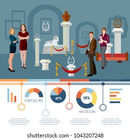 People visiting antique museum excursion infographic, people in the art museum vector. Gallery museum exposition banner  