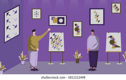 People are visiting an art exhibition center decorated with mind blowing arts and beautiful orchid trees. Flat cute cartoon character vector illustration.