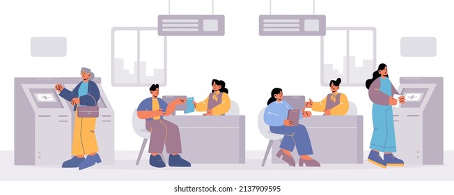 People visiting bank office, clients withdraw money at atm, talking to manager at reception desk about deposit or cash operation. Bankers providing services to customers, Line art vector illustration