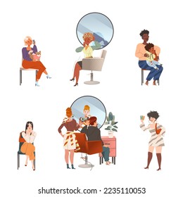 People visiting barbershop shop or hair salon set. Hairdresser doing haircut, customer waiting in quene vector illustration