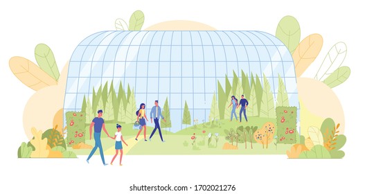 Menschen, die Ausflüge zum botanischen Museum besuchen. Naturpark. Unter Glasfenster Greenhouse. Freunde, Familienpaar, Eltern und Kinder, die exotische Pflanzen im Grünen Garten betrachten. Vektorillustration-Illustration