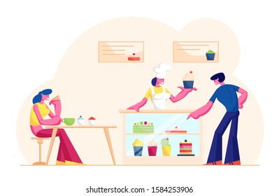 People Visiting Cafe or Bakehouse. Saleswoman in Cap and Apron Stand at Desk with Pastry Giving Cake to Customer in Bakery Shop. Woman Staff Serve Clients in Bakery. Cartoon Flat Vector Illustration