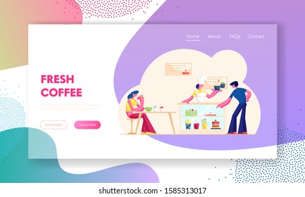 People Visiting Cafe or Bakehouse Website Landing Page. Saleswoman Stand at Desk with Pastry Giving Cake to Customer in Bakery Shop. Staff Serve Client Web Page Banner. Flat Vector Illustration