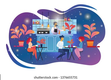 People Visiting Cafe Concept. Male and Female Characters Sitting at Tables and Drinking Beverages on Bar Counter with Barman Background in Modern Restaurant Interior. Cartoon Flat Vector Illustration.