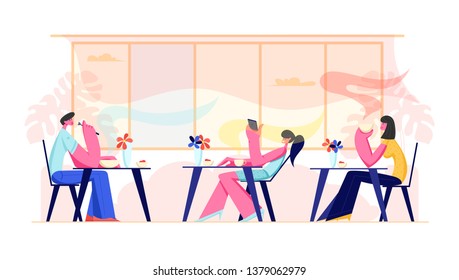 People Visiting Cafe and Hospitality Concept. Male and Female Characters Sitting at Tables Drinking Beverages, Eating Meal, Using Gadgets in Modern Restaurant Interior Cartoon Flat Vector Illustration