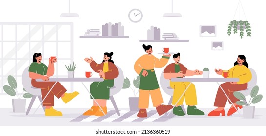 People visiting cafe, men and women sitting at tables drinking beverages, communicate and meet with friends. Visitors relax in coffee shop with waitress serve clients, Line art vector illustration