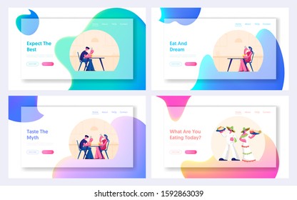 People Visiting Cafe Website Landing Page Set. Male and Female Characters Eating Asian and Mexican Food in Restaurant Chatting, Spend Time on Weekend Web Page Banner. Cartoon Flat Vector Illustration