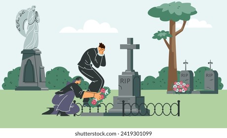 People visiting cemetery and laying flowers wreath on grave. Family and friends grieve loss. Man crying near gravestone. Death and loss concept. Flat vector illustrations concept banner.