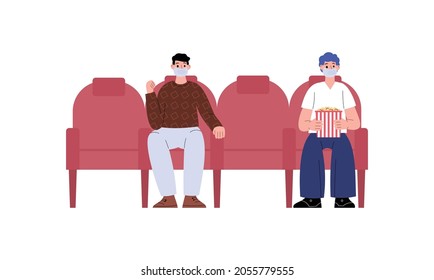 People visiting cinema during viral pandemic, flat cartoon vector illustration isolated on white background. People in medical protective masks watching movie.