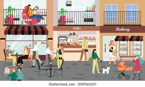 People Visiting Coffeehouse, Cafe, Bakery, Walking Down City Street, Vector Illustration. Small Shop Exterior, Customers