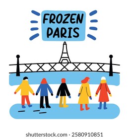 People visiting eiffel tower with frozen paris text, flat sticker 
