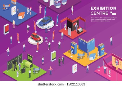 People visiting exhibition center with colorful exposition stands isometric background 3d vector illustration