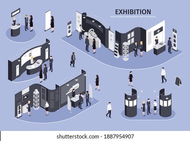 Personas visitando la exposición sobre el tema de los avances tecnológicos e innovaciones de la ilustración isométrica vectorial con diferentes puestos de exhibición sobre el fondo lila