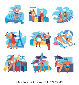 People visiting exotic countries and travel during summer vacations. Couple on check in giving luggage, walking in Paris, sunbathing and tanning by seaside beach. Talking at bar, vector in flat