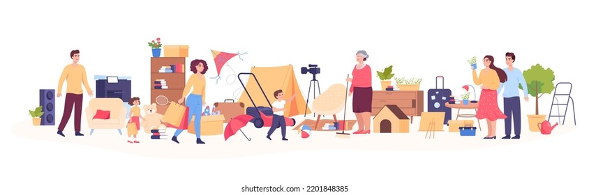 People visiting flea market flat vector illustration. Male and female cartoon charters buying vintage goods, old stuff or antique things at bazaar or garage sale. Commerce, shopping concept