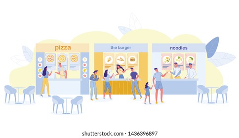 People Visiting Food Court for Buying Food, Pizza, Noodles, Burger Kiosks Offer Different Meals, Family Spare Time, Weekend, Hospitality. Characters in Fast Food Cafe, Cartoon Flat Vector Illustration