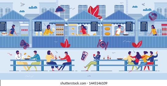 People Visiting Food Court For Buying Food. Pizza, Bakery, Drinks Kiosks Offer Different Meals, Family Spare Time, Weekend, Hospitality. Characters In Fast Food Cafe, Cartoon Flat Vector Illustration