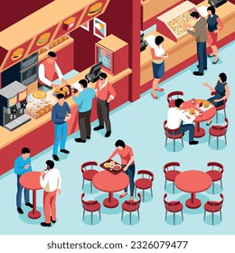 People visiting food court to eat burgers chips sandwiches soup and drink coffee isometric vector illustration